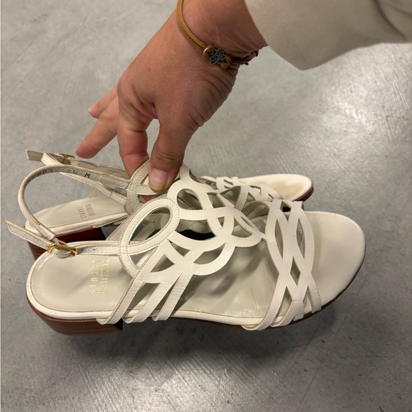 Stuart Weitzman White Cutout Leather Sandals Block Heel Size 7 - Picture 11 of 11